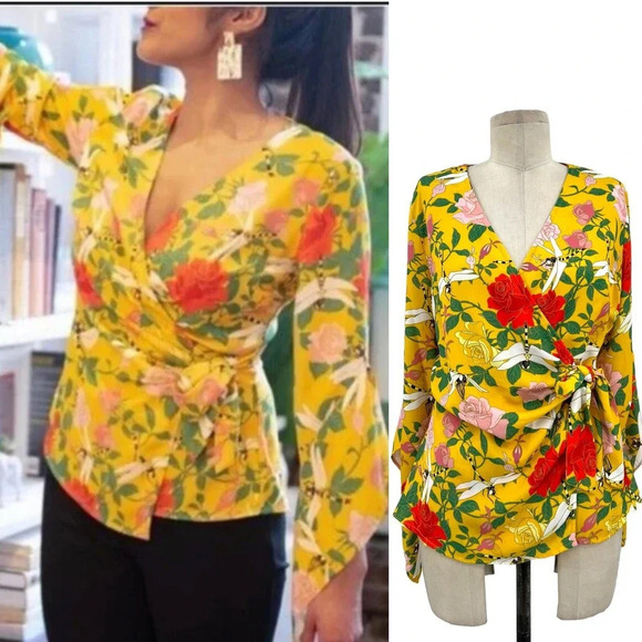 Betabrand‎ Perfect Blouse Wrap Top in Dragonfly Floral Print Yellow Size Medium - Picture 1 of 12